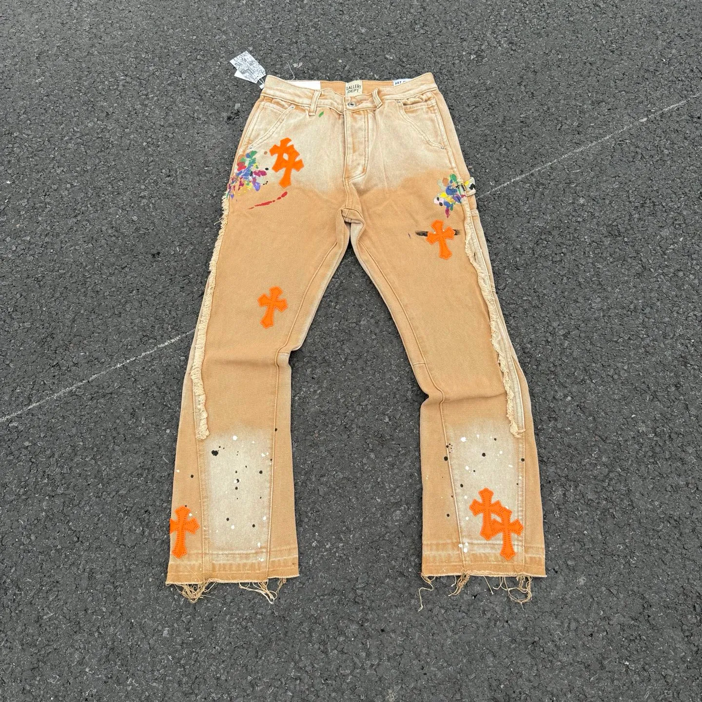 #8200 P260💰 Independent GALLERY DEPT. Vintage splash-ink splicing khaki orange cross loose washed flared jeans - truly restore the ultimate vintage texture - original hardware accessories washed and other elevators, QR code analysis are all purchased from the original factory, high degree of restoration, you are welcome to compare with certain products ~ - three-dimensional version Loose and comfortable, not picky about the figure, tall and slim, factory Seiko, original quality control, same style for men and women, can be matched with couples, versatile recommendation Essential jeans for all seasons - sizes: 28 30 32 34 36